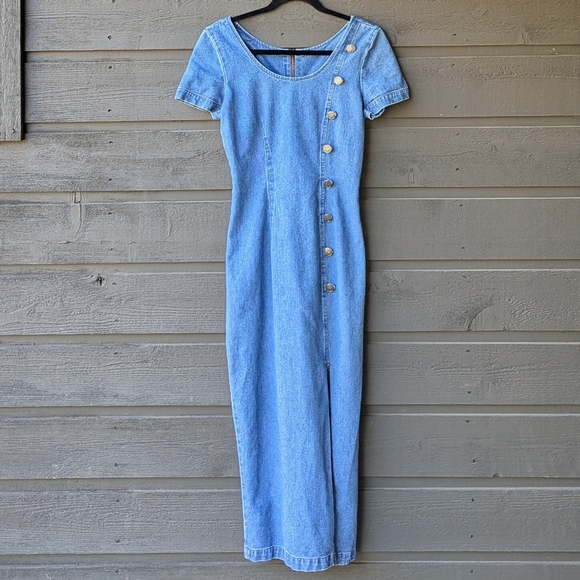 VTG 80s No Boundaries! Denim Bodycon Maxi Dress Size 3/4 - Picture 10 of 10
